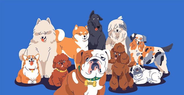 Vector retrato de grupo de perros lindos. perritos felices, cachorros de diferentes razas posando juntos. divertida pandilla de animales caninos con bulldog inglés, caniche, corgi, akita inu. ilustración de vector plano aislado