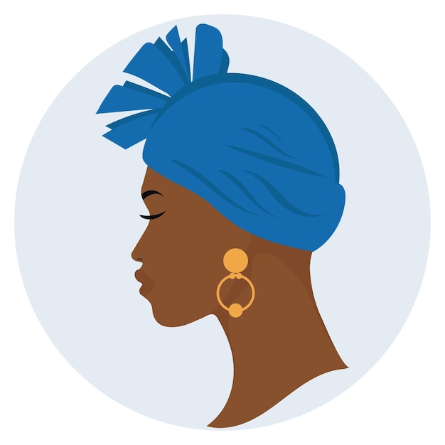 Retrato de una hermosa mujer africana en un tocado nacional de perfil. ilustración, vector