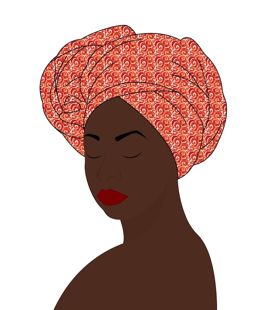 Retrato de una hermosa mujer africana en un turbante Mujer africana con un pañuelo brillante en la cabeza Mujer keniana con pañuelo colorido Diseño vectorial para volante de pancarta