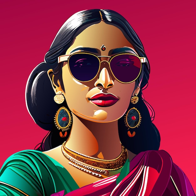Un retrato de una hermosa mujer india con seda dibujado a mano concepto ilustración aislada