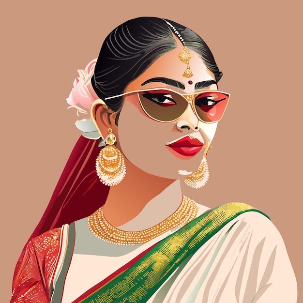 Un retrato de una hermosa mujer india con seda dibujado a mano concepto ilustración aislada