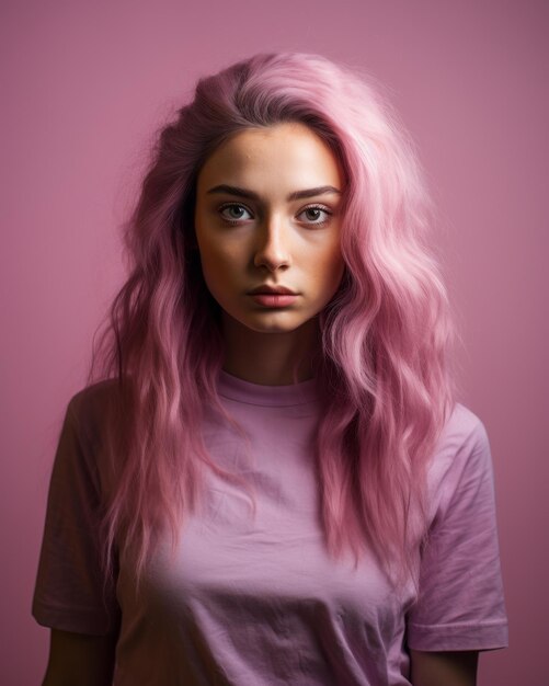 Vector retrato de una hermosa mujer joven con cabello rosa sobre un fondo rosa