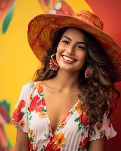 Vector retrato de una hermosa mujer joven con un sombrero colorido y sonriendo frente a un mural colorido