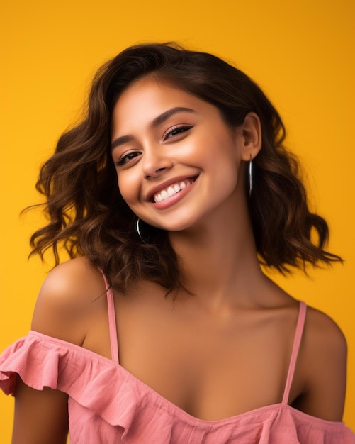 Retrato de una hermosa mujer joven sonriendo en una foto de fondo amarillo