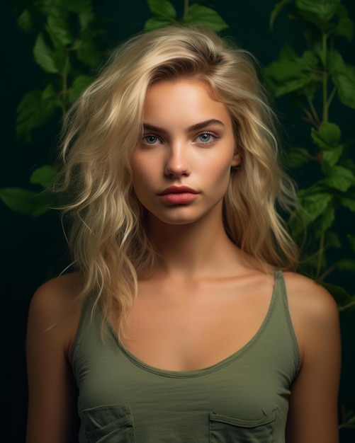 Vector retrato de una hermosa mujer rubia con plantas verdes en un fondo oscuro