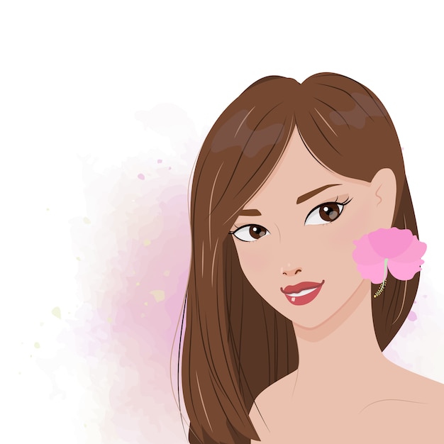 Vector retrato hermoso de la mujer con la flor rosada del hibisco o