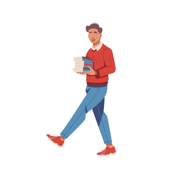 retrato de un hombre guapo caminando y llevando una ilustración de libros