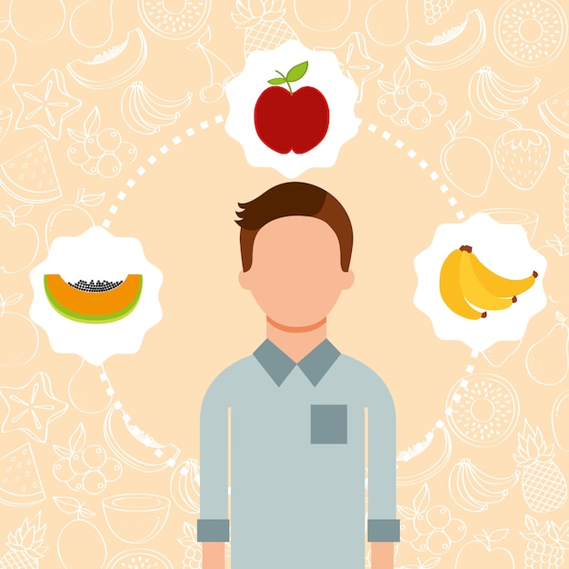 Vector retrato de hombre con imagen de frutas frescas orgánicas
