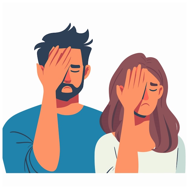 Retrato de un hombre y una mujer con gestos faciales planos ilustraciones vectoriales simples en fondo blanco