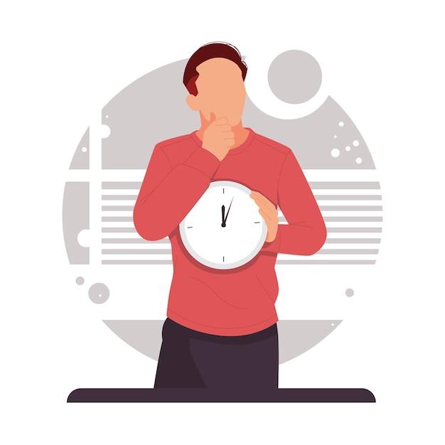 Retrato de un hombre pensando con reloj en diseño plano