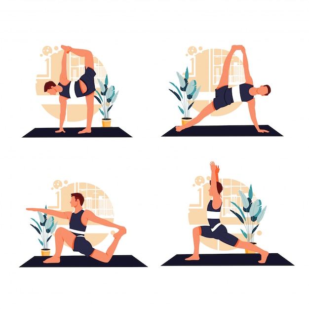 Retrato de hombres haciendo yoga ilustración de diseño plano