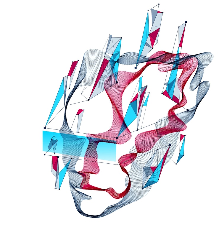 Vector retrato humano de partículas punteadas, matriz de formas de onda vectorial de cabeza humana abstracta, inteligencia artificial, interfaz de software de programación de pc, alma digital.