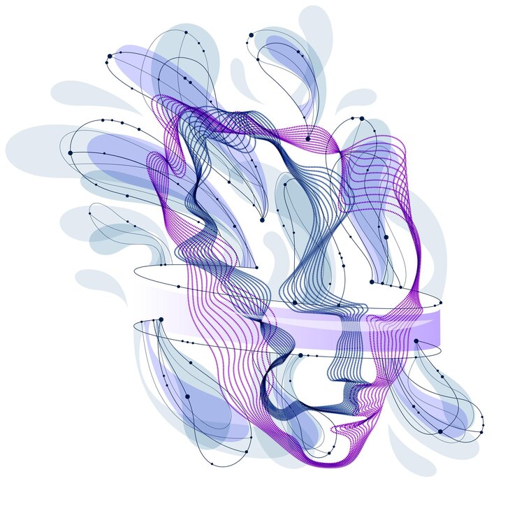 Vector retrato humano de partículas punteadas, matriz de formas de onda vectorial de cabeza humana abstracta, inteligencia artificial, interfaz de software de programación de pc, alma digital.