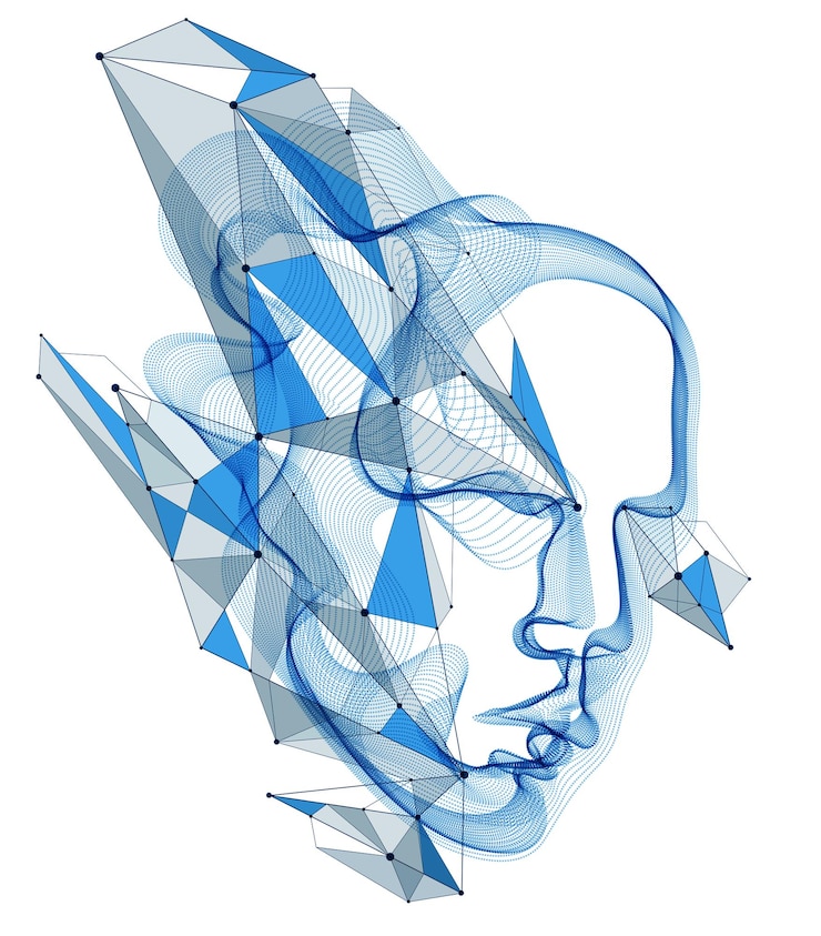 Vector retrato humano de partículas punteadas, matriz de formas de onda vectorial de cabeza humana abstracta, inteligencia artificial, interfaz de software de programación de pc, alma digital.