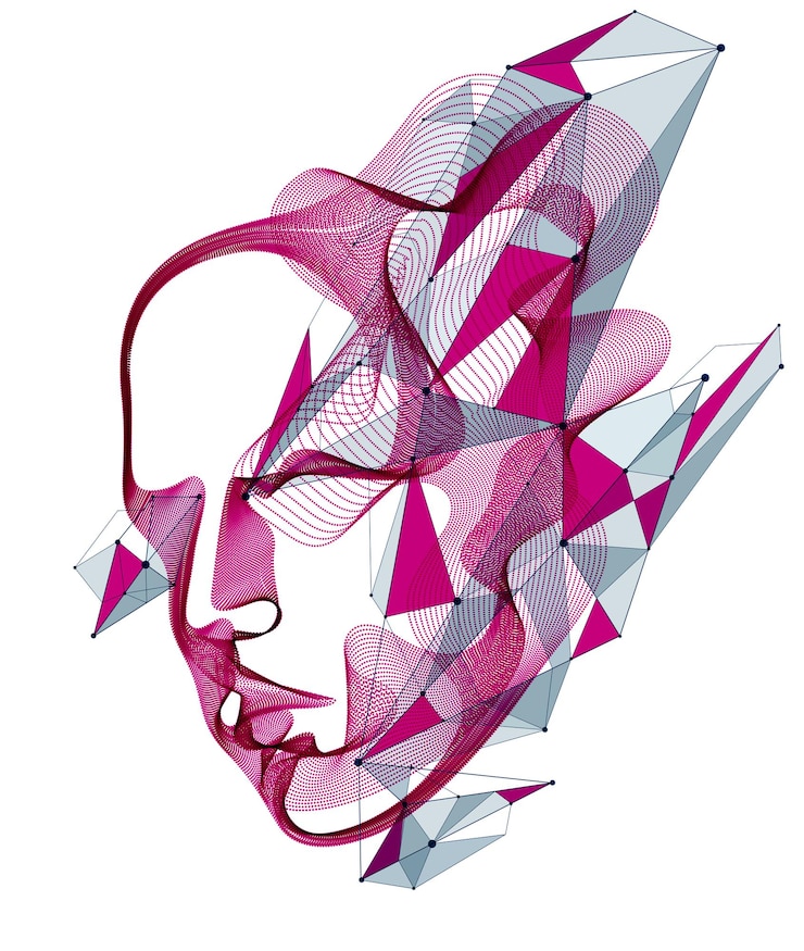 Vector retrato humano de partículas punteadas, matriz de formas de onda vectorial de cabeza humana abstracta, inteligencia artificial, interfaz de software de programación de pc, alma digital.