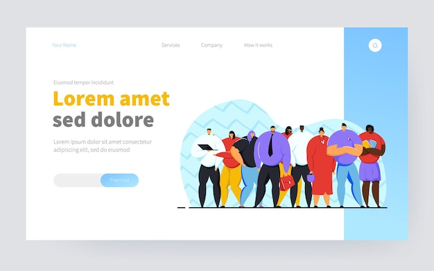 Retrato de ilustración de vector plano de equipo de negocios. Trabajadores profesionales felices de dibujos animados en trajes de pie juntos. Concepto de empleo, carrera y puesta en marcha