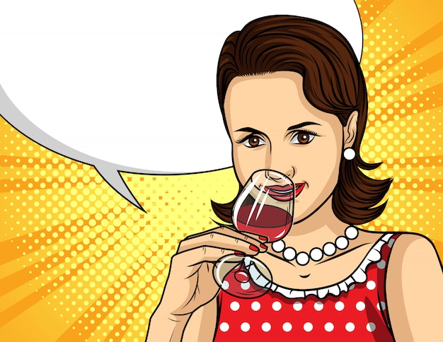 Retrato de joven bella dama con copa de vino tinto