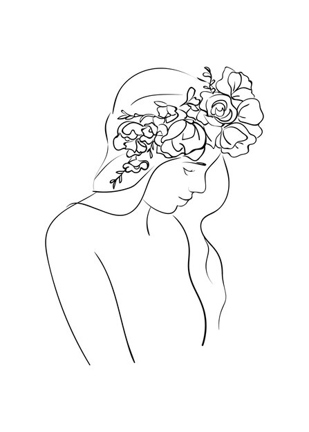 Retrato de joven bella mujer con flores en el pelo largo. Dibujo lineal. Ilustración vectorial.