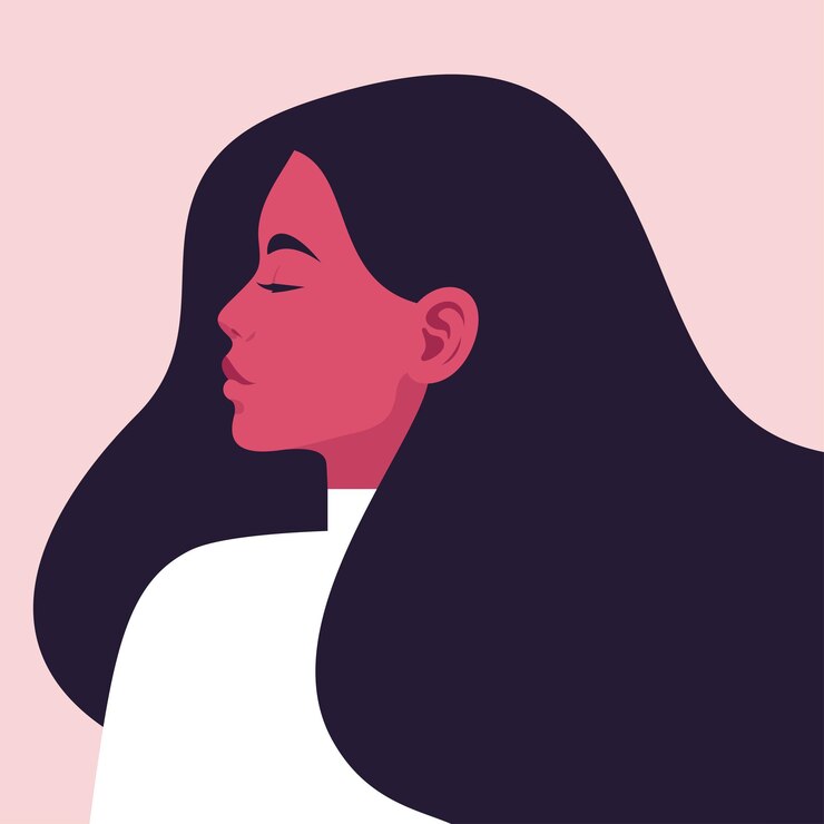 Retrato de una joven bella mujer de perfil con cabello largo que fluye