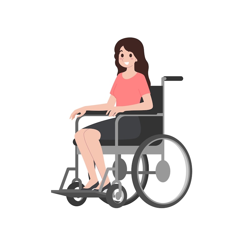 Retrato de una joven discapacitada sentada en una silla de ruedas sobre un fondo blanco Personaje discapacitado con paraplejía y discapacidad física Ilustración vectorial en un estilo plano