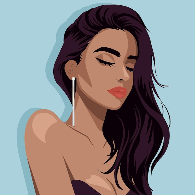 Retrato de una joven encantadora en un vestido con hombros desnudos estilo plano vectorial