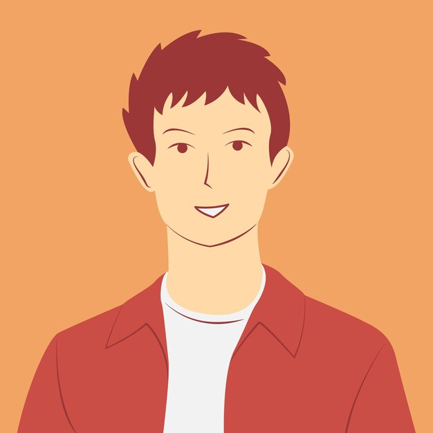 Retrato de joven pelirroja sonriente en ilustración plana en colores suaves. Avatar de hombre seguro