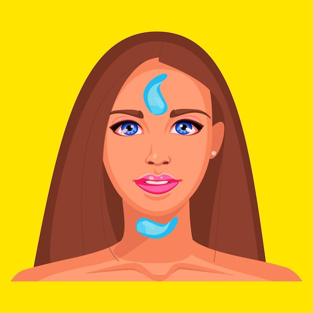 Retrato de una joven con un producto cosmético para la belleza y la juventud. El rostro de una mujer está diseñado para demostrar cosméticos. Ilustración brillante sobre un fondo amarillo.