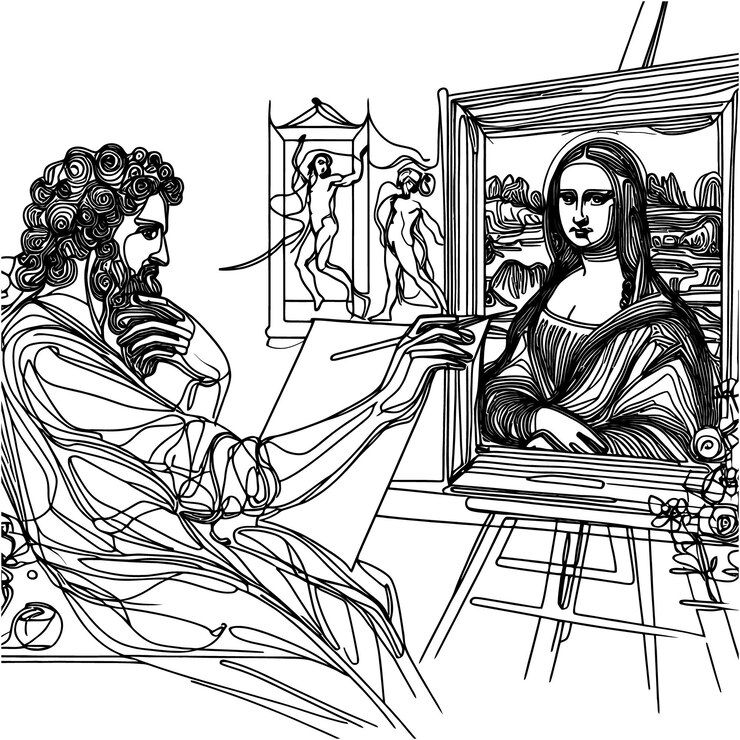 Vector retrato de leonardo da vinci en una línea continua vector en línea de un artista que pinta la mona lisa ilustración vectorial de da vinci artista y pintura