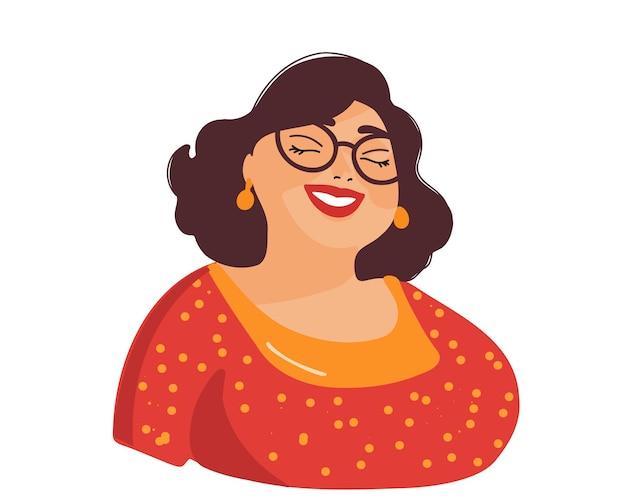 Retrato de una linda mujer gorda sonriente con gafas ilustración vectorial sobre un fondo blanco
