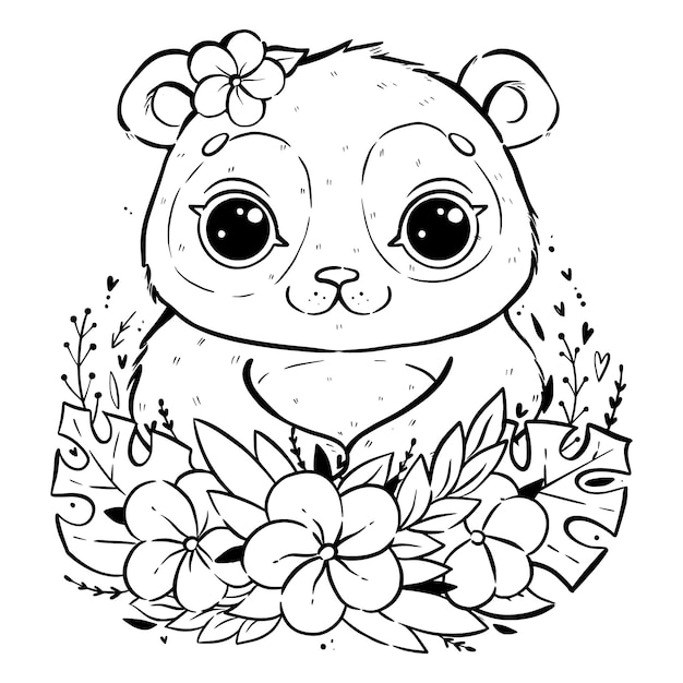 Retrato de un lindo panda con hojas y flores tropicales, panda con los ojos abiertos y con una flor cerca de la oreja, dibujo para colorear