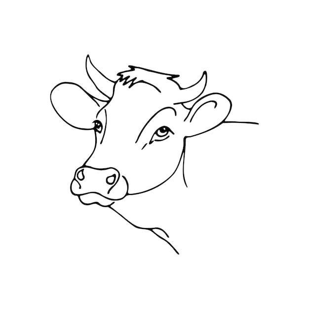 Retrato lineal vectorial de una vaca sobre un fondo blanco en perfil