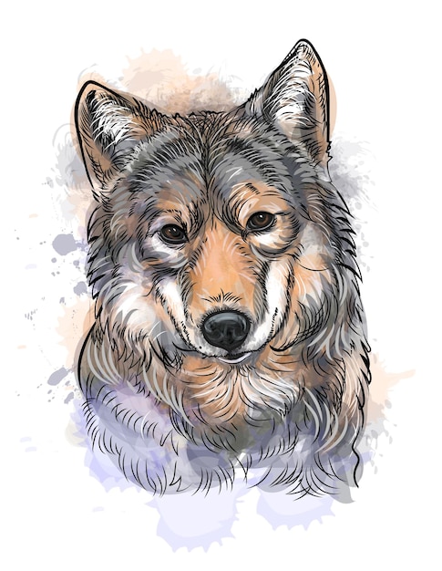 Vector retrato de un lobo boceto dibujado a mano con salpicaduras de ilustración de acuarelas