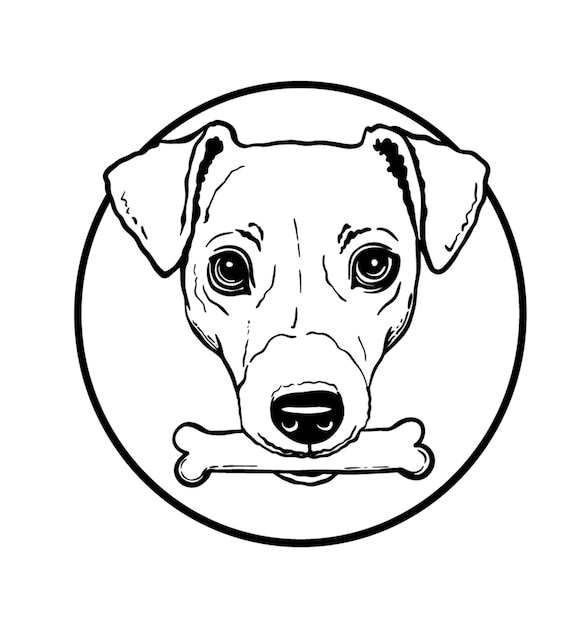 retrato del logotipo del perro jack russell terrier en un círculo en un marco, hueso en la boca del perro, arte de línea, vector
