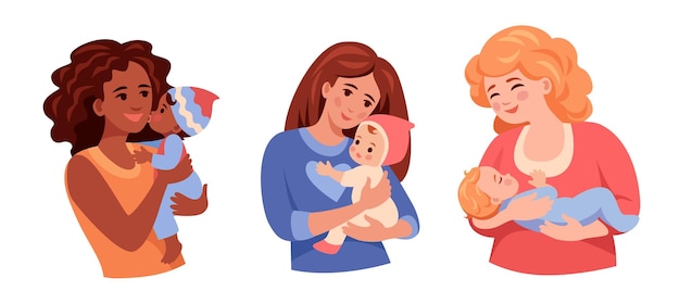 retrato de madres de diferentes naciones sosteniendo a sus pequeños bebés en sus brazos