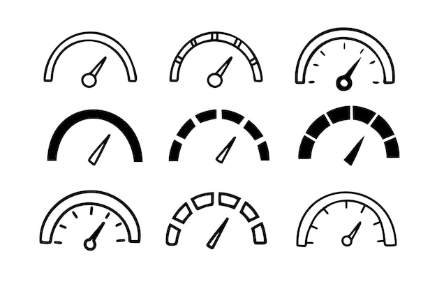 Vector retrato a mano de un marcador de velocidad, un taquímetro, un icono de colección, un indicador de velocidad y un vector de conjunto de señales.