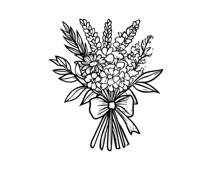 Retrato a mano de un ramo de flores con arco en blanco y negro Ilustración floral de arreglos florales