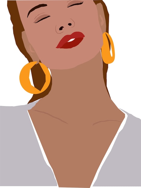 Retrato minimalista abstracto de una mujer con aretes de oro y ojos cerrados. Cartel de arte de pared ilustrativo plano femenino. Sobre un fondo blanco.