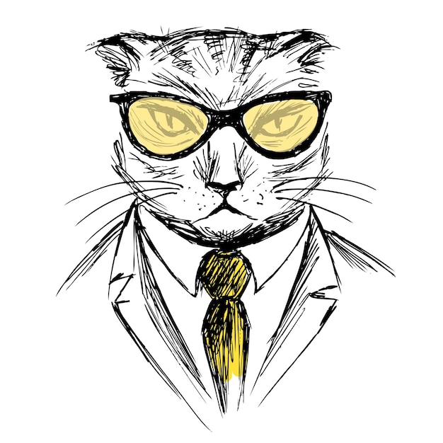 Retrato de moda dibujado a mano de un gato hipster aislado en un vector de fondo blanco