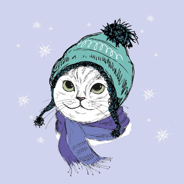 Retrato de moda dibujado a mano de gato hipster con sombrero y bufanda ilustración vectorial de stock