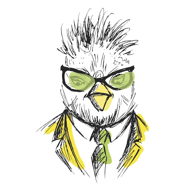 Retrato de moda dibujado a mano de un pollo hipster aislado en un vector de fondo blanco