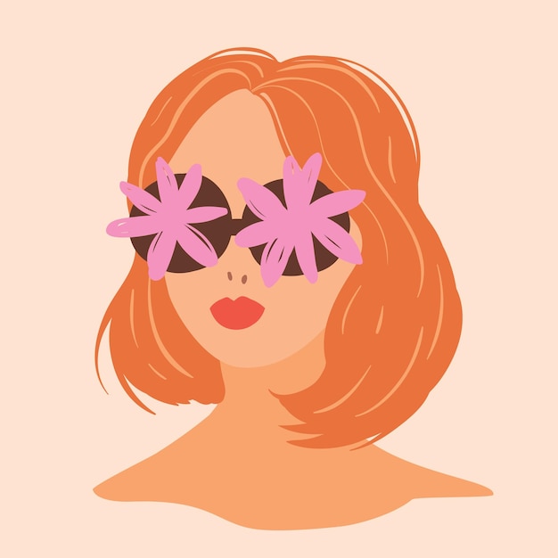 Vector retrato de moda de una mujer pelirroja chica con flores