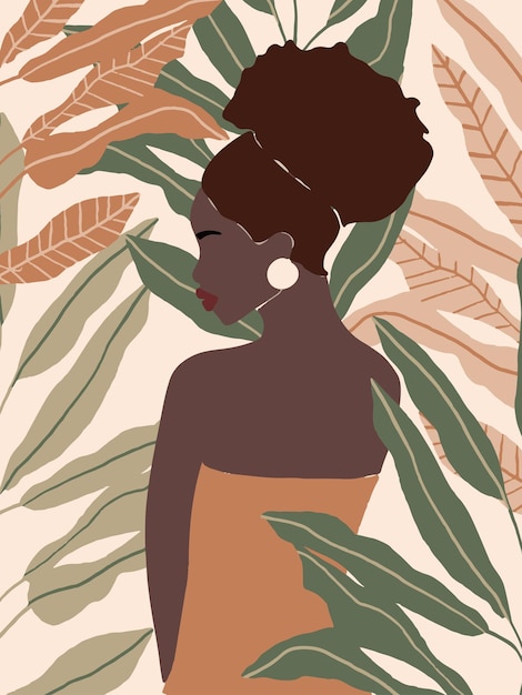 Retrato moderno de la mujer hermosa afroamericana en el cartel de la señora abstracta de Boho del fondo tropical