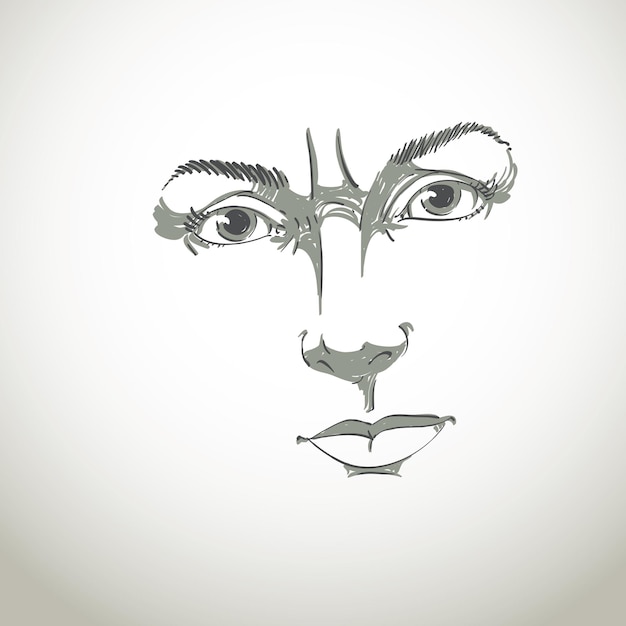 Vector retrato monocromático dibujado a mano de mujer dudosa de piel blanca, rasgos faciales e ilustraciones temáticas de emociones. señora enojada con arrugas en la frente posando sobre fondo blanco.