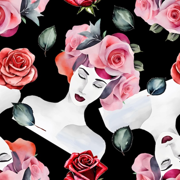 Retrato de mujer acuarela con patrón sin costuras de rosas de flores aislado en negro Diseño de tela textil con estampado de moda vintage Ilustración vectorial
