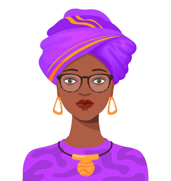 Retrato de mujer africana. Dama americana negra con turbante de las tribus de áfrica, vector de personaje de dibujos animados