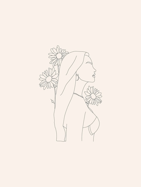 Retrato de mujer de arte de línea de moda con ramo floral Minimalista dibujo de una línea arte femenino