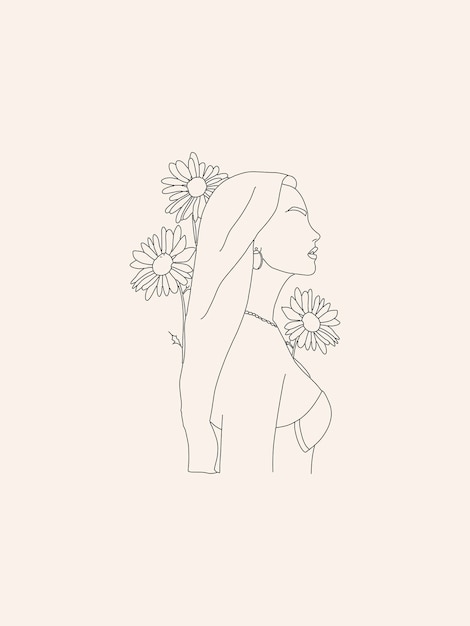 Retrato de mujer de arte de línea de moda con ramo floral minimalista dibujo de una línea arte femenino