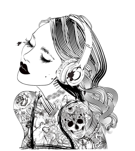 Retrato, de, mujer, con, auriculares, y, tatuaje