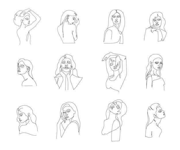 Retrato de mujer dibujado en línea arte estilo minimalista elegante conjunto vector ilustración aislado