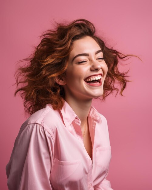 Vector retrato de una mujer feliz riendo en un fondo rosado